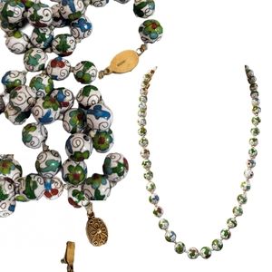 Vintage Cloissoné Blue & Green Floral Porcelain & Enamel Silver Clasp Necklace